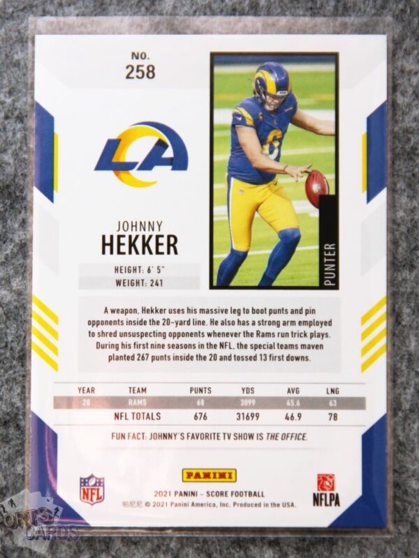 Alternative view of 2021 Johnny Hekker #258 Panini Score