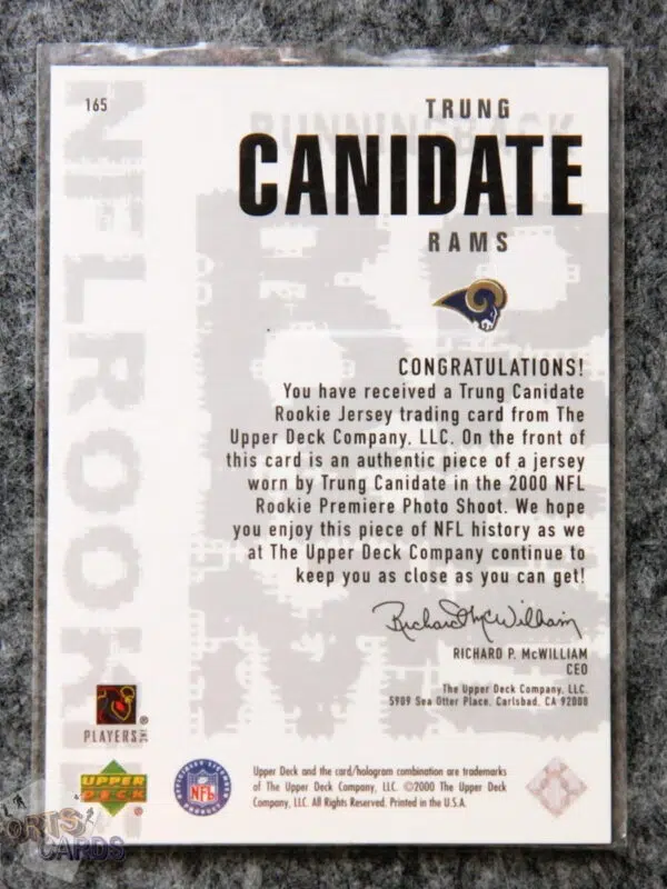 2000 Trung Canidate #165 Upper Deck Black Diamond NFL Rookie RC-back