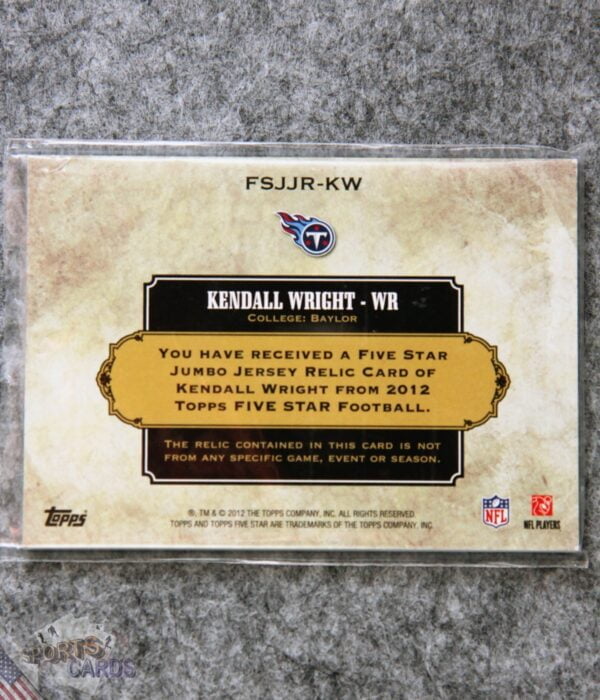 2012 Kendall Wright #FSJJR-KW Topps Five Star Jumbo Jersey Relic /89-back