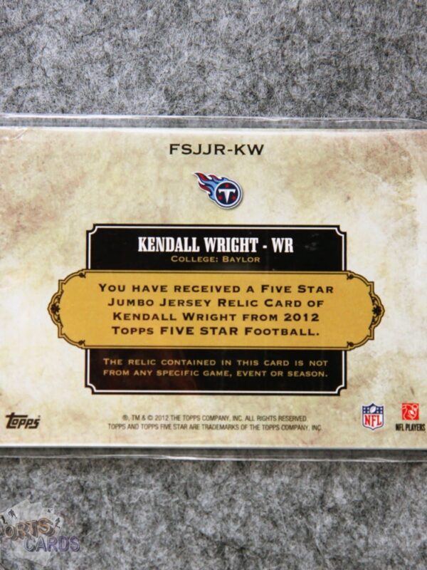 2012 Kendall Wright #FSJJR-KW Topps Five Star Jumbo Jersey Relic /89-back