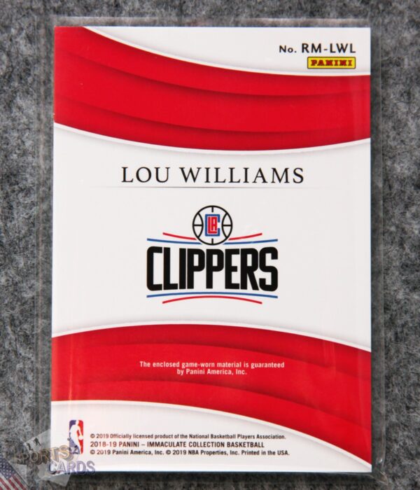 Alternative view of 2018-19 Lou Williams #RM-LWL Panini IC Remarkable Memorabilia /49
