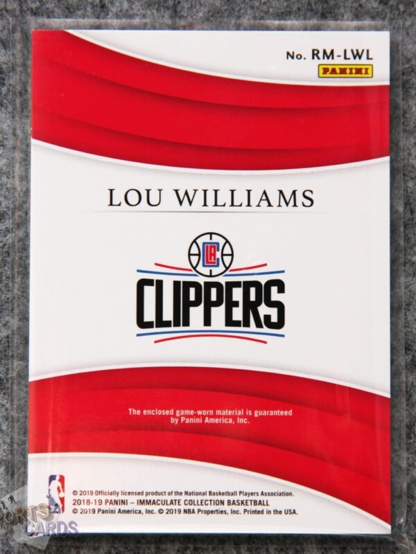 2018-19 Lou Williams #RM-LWL Panini IC Remarkable Memorabilia /49-back