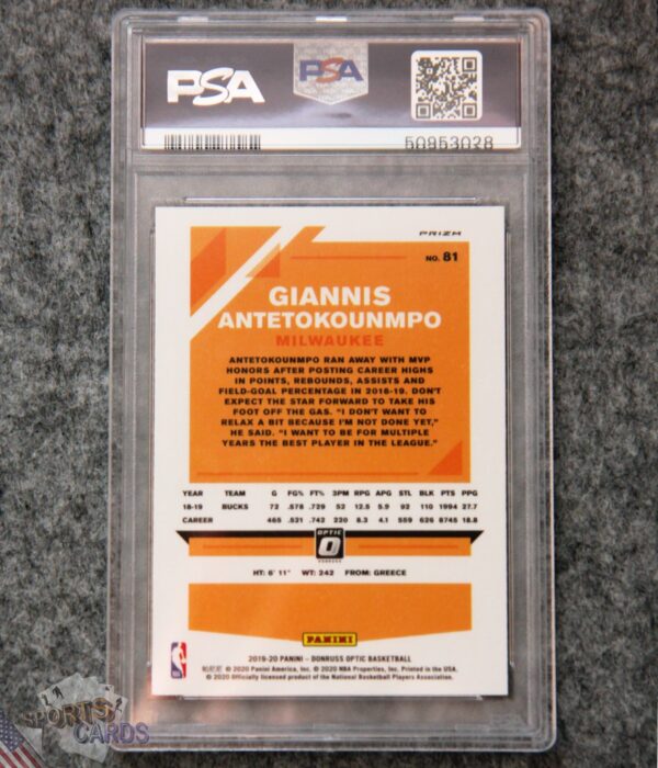 Alternative view of 2019-20 Giannis Antetokounmpo #81 Panini Donruss Optic Holo Prizm PSA 9 MT