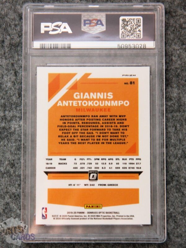 2019-20 Giannis Antetokounmpo #81 Panini Donruss Optic Holo Prizm PSA 9 MT-back