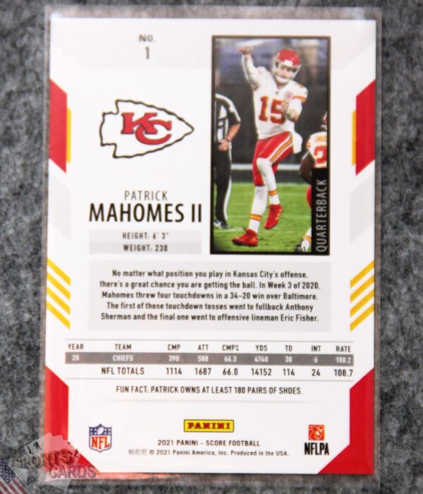 Alternative view of 2021 Patrick Mahomes II #1 Panini Score