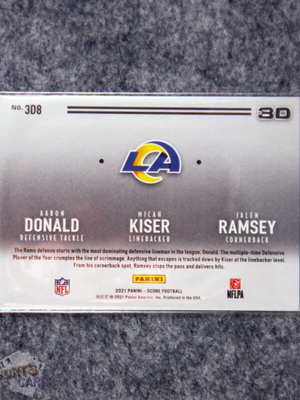 Alternative view of 2021 Aaron Donald - Micah Kiser - Jalen Ramsey #3D8 Panini Score 3D