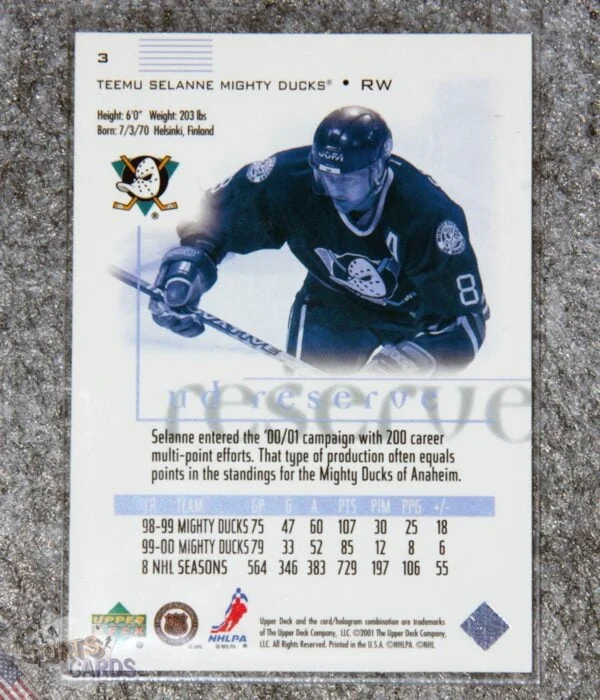 2001-02 Teemu Selanne #3 Upper Deck UD Reserve-back