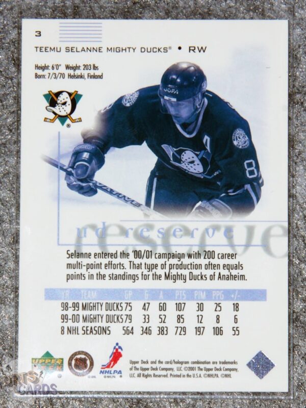 2001-02 Teemu Selanne #3 Upper Deck UD Reserve-back