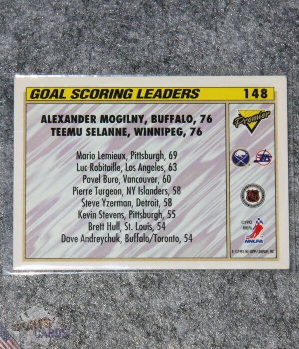 1993-94 T. Selanne - A. Mogilny #148 Topps Premier Goal Scoring Leaders-back