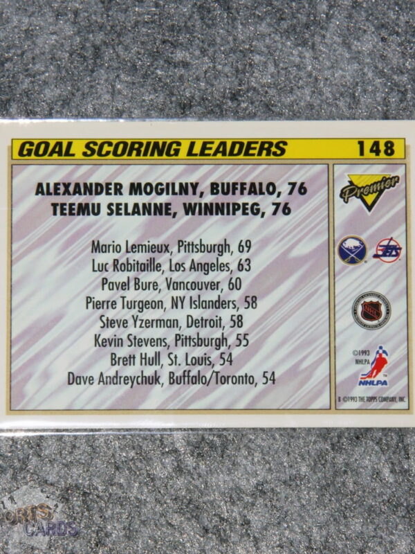1993-94 T. Selanne - A. Mogilny #148 Topps Premier Goal Scoring Leaders-back