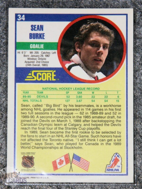 Alternative view of 1990-91 Sean Burke #34 Score