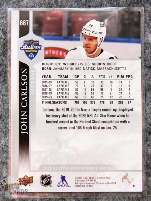 Alternative view of 2020-21 John Carlson #667 Upper Deck Extended Series NHL All-Star