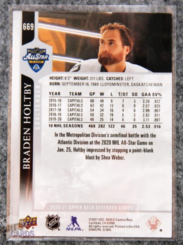 Alternative view of 2020-21 Braden Holtby #669 Upper Deck Extended Series NHL All-Star