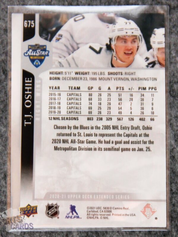 Alternative view of 2020-21 T.J. Oshie #675 Upper Deck Extended Series NHL All-Star