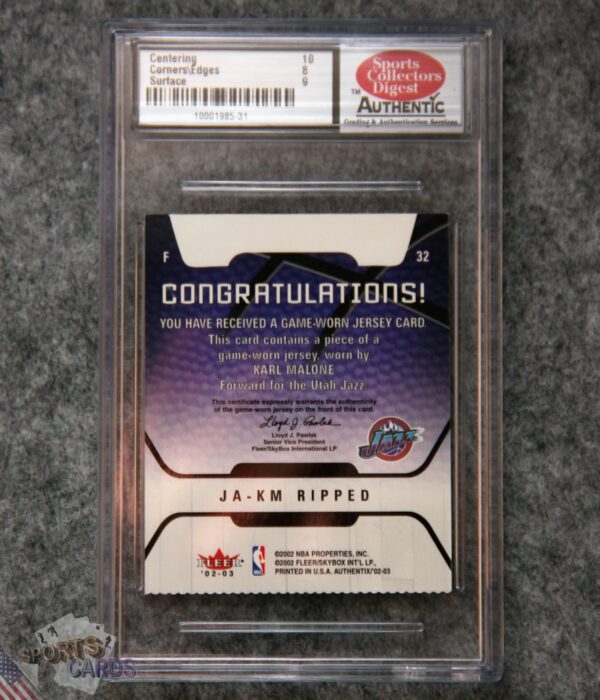 2002-03 Karl Malone #JA-KM Fleer Authentic Jersey Authentix SCD 8.5-back