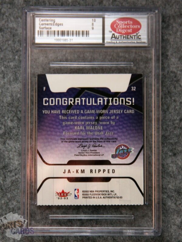 Alternative view of 2002-03 Karl Malone #JA-KM Fleer Authentic Jersey Authentix SCD 8.5