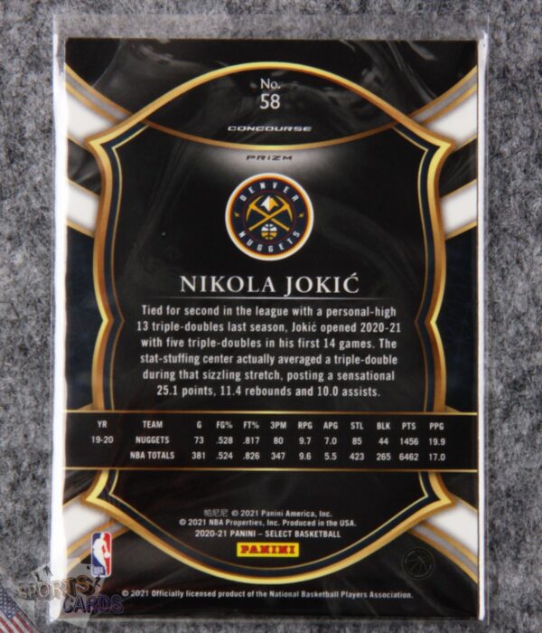 2020-21 Nikola Jokic #58 Panini Select Concourse Blue Purple Cracked Ice Prizm-back