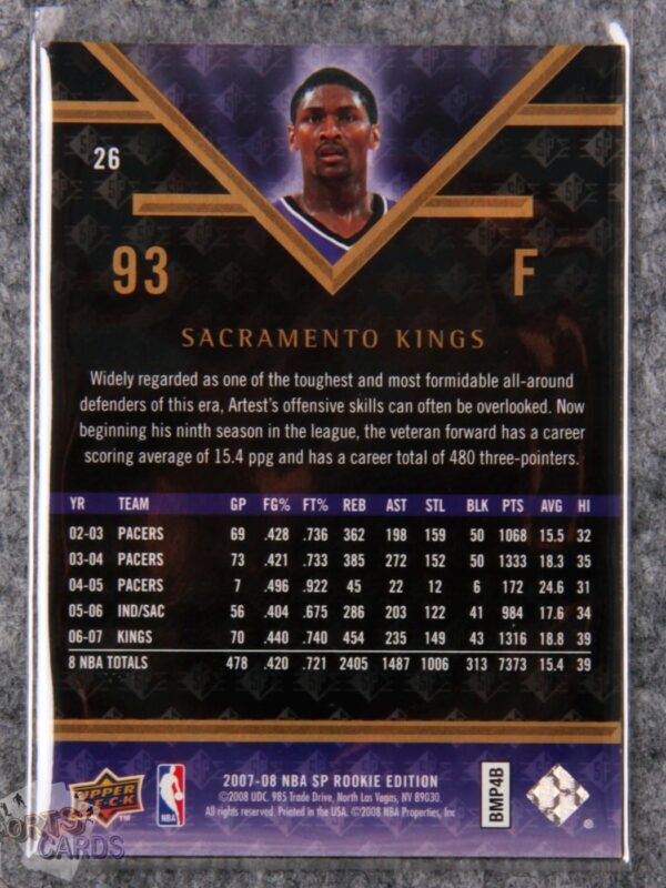 2007-08 Ron Artest #26 Upper Deck SP Rookie Edition-back