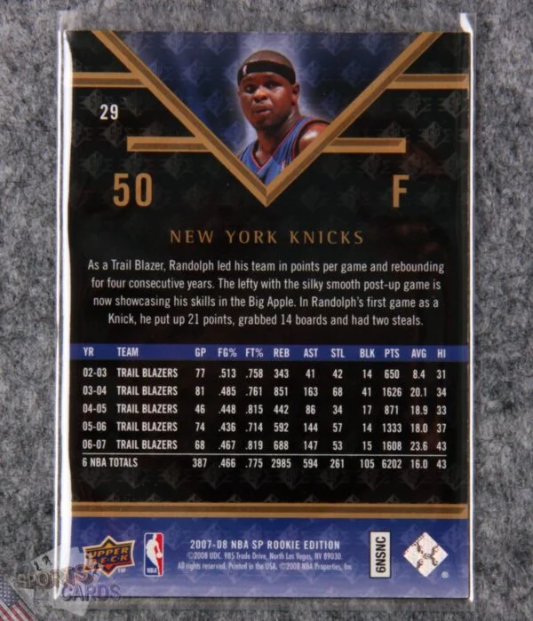 2007-08 Zach Randolph #29 Upper Deck SP Rookie Edition-back