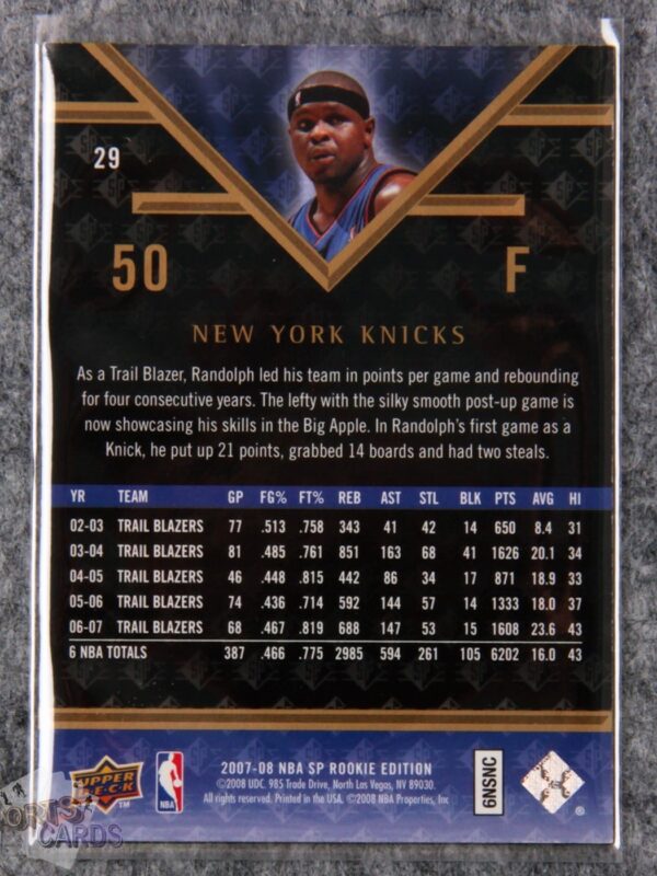 2007-08 Zach Randolph #29 Upper Deck SP Rookie Edition-back