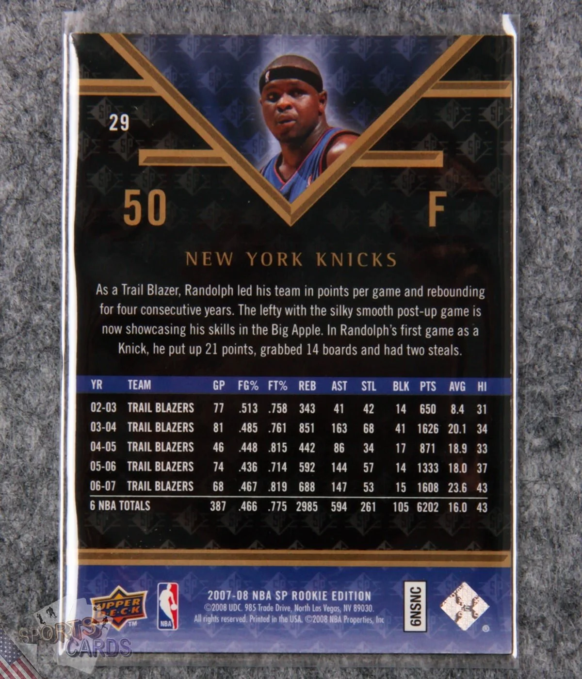 2007-08 Zach Randolph #29 Upper Deck SP Rookie Edition-back