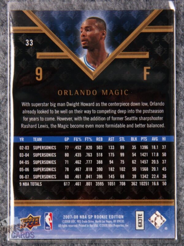 Alternative view of 2007-08 Rashard Lewis #33 Upper Deck SP Rookie Edition