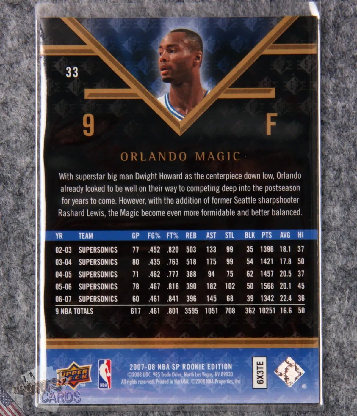 2007-08 Rashard Lewis #33 Upper Deck SP Rookie Edition-back