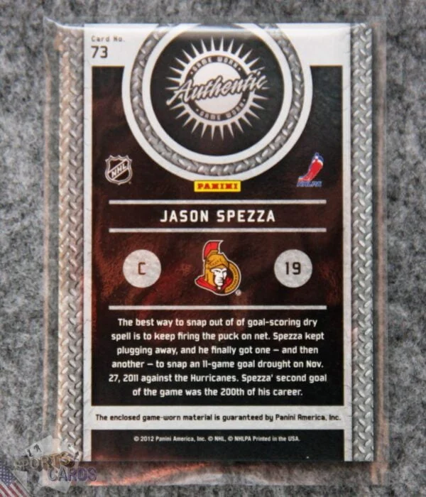 2011-12 Jason Spezza #73 Panini Titanium Game Worn Gear-back