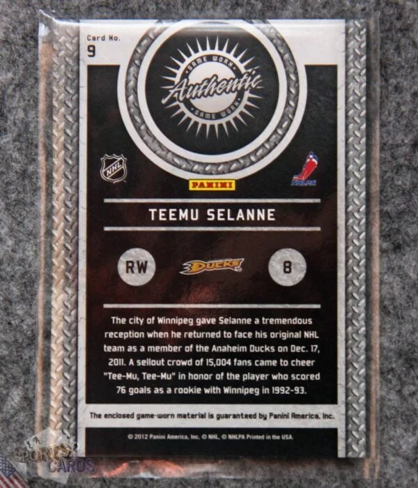 2011-12 Teemu Selanne #9 Panini Titanium Game Worn Gear-back
