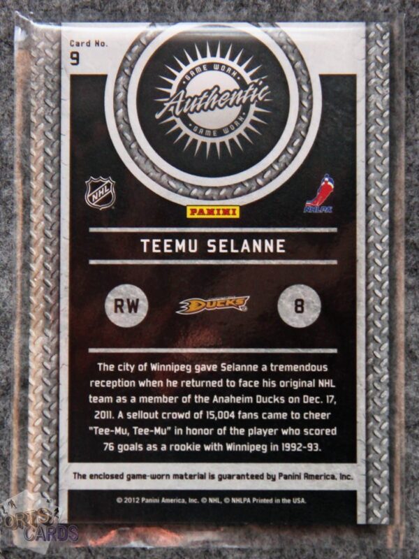 Alternative view of 2011-12 Teemu Selanne #9 Panini Titanium Game Worn Gear