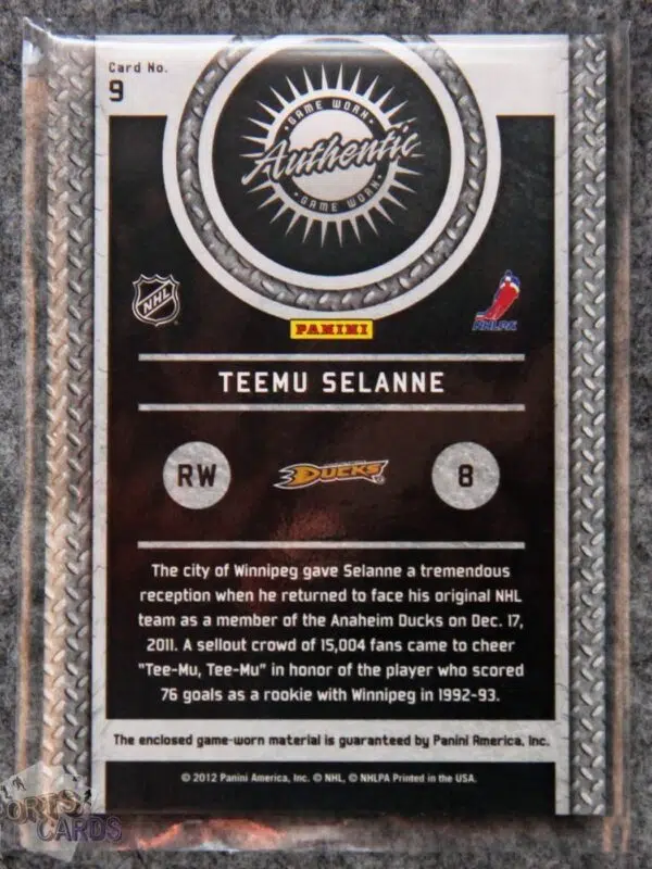 2011-12 Teemu Selanne #9 Panini Titanium Game Worn Gear-back