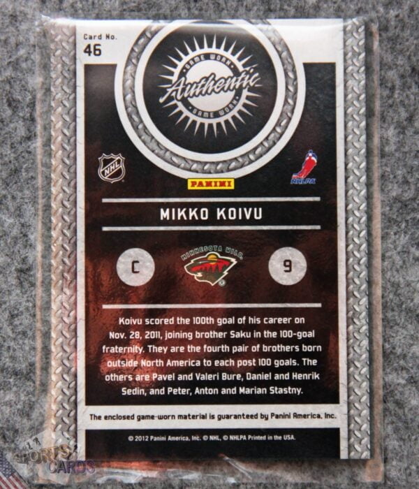 Alternative view of 2011-12 Mikko Koivu #46 Panini Titanium Game Worn Gear