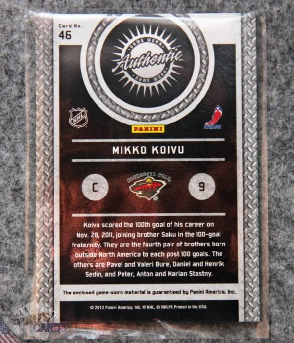 2011-12 Mikko Koivu #46 Panini Titanium Game Worn Gear-back