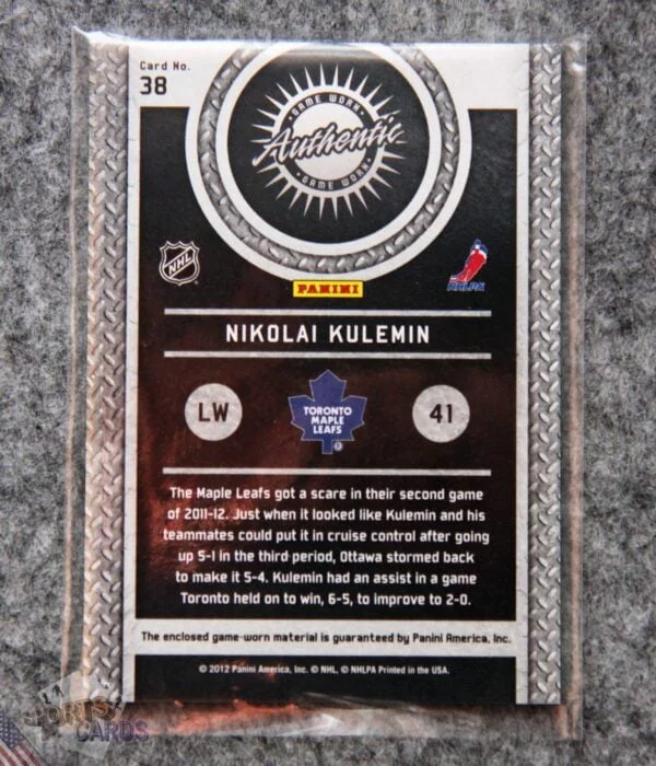 2011-12 Nikolai Kulemin #38 Panini Titanium Game Worn Gear-back