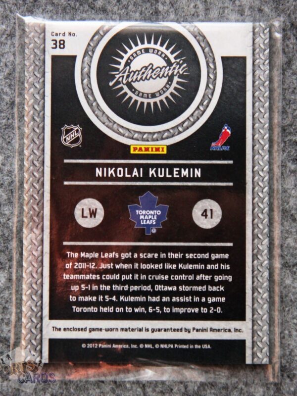 Alternative view of 2011-12 Nikolai Kulemin #38 Panini Titanium Game Worn Gear