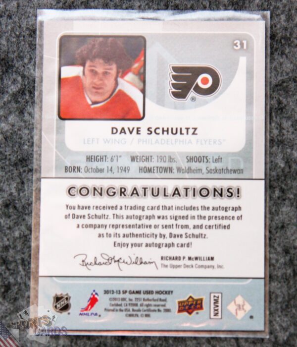 Alternative view of 2012-13 Dave Schultz #31 Upper Deck SP Game Used Edition Auto