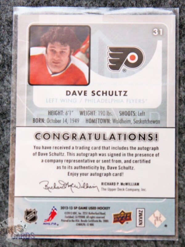Alternative view of 2012-13 Dave Schultz #31 Upper Deck SP Game Used Edition Auto