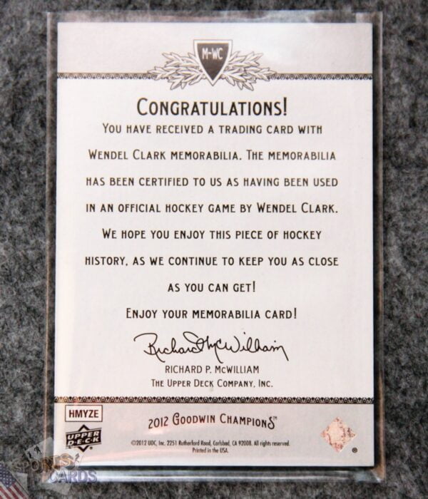 Alternative view of 2012-13 Wendell Clark #M-WC Upper Deck Goodwin Champions Memorabilia