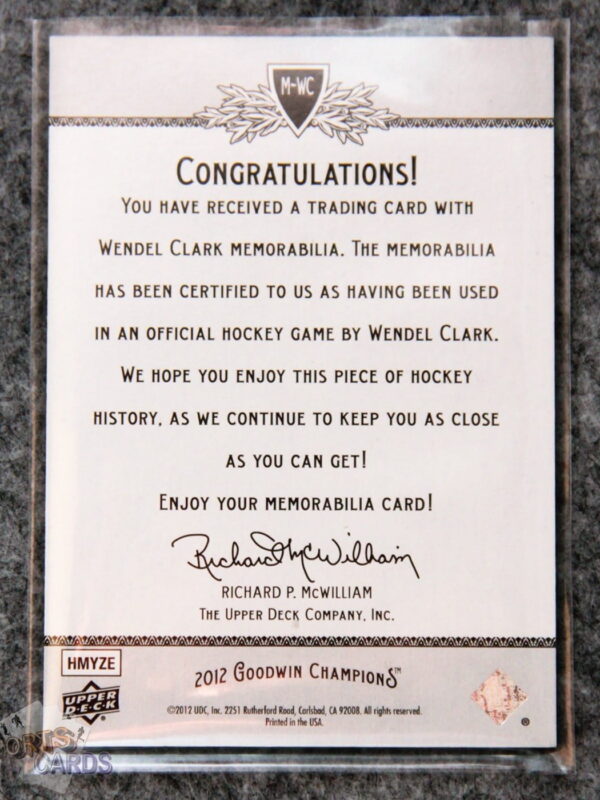 Alternative view of 2012-13 Wendell Clark #M-WC Upper Deck Goodwin Champions Memorabilia