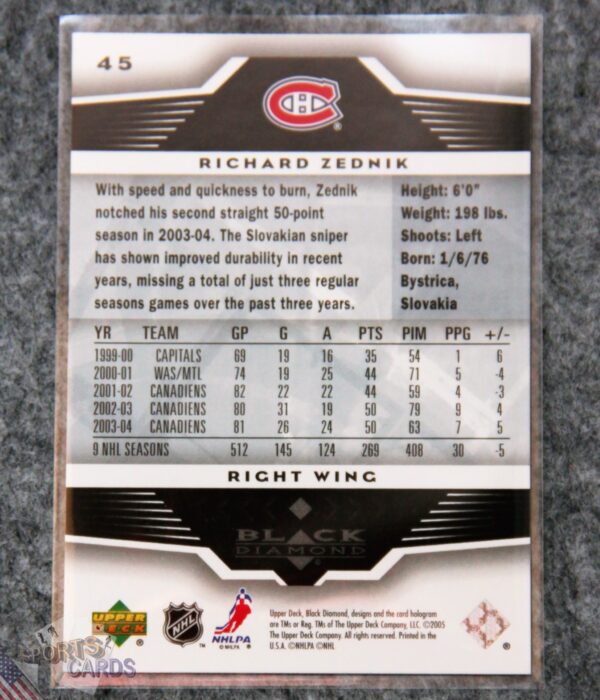 2005-06 Richard Zednik #45 Upper Deck Black Diamond-back