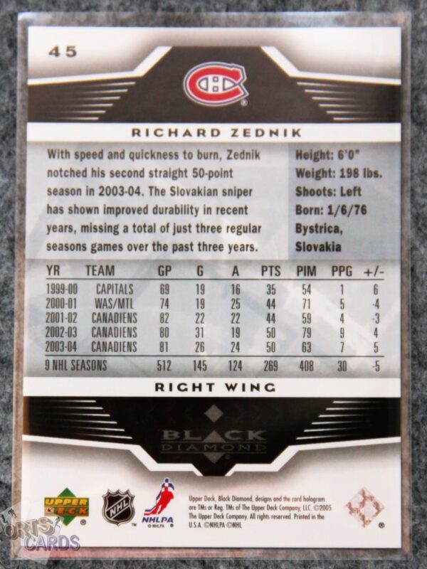Alternative view of 2005-06 Richard Zednik #45 Upper Deck Black Diamond