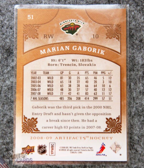 Alternative view of 2008-09 Marian Gaborik #51 Upper Deck Artifacts