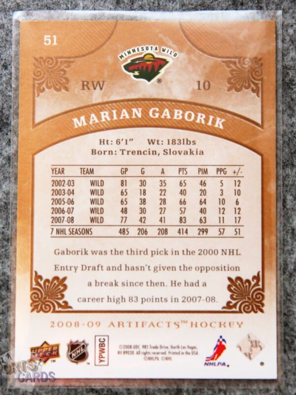 Alternative view of 2008-09 Marian Gaborik #51 Upper Deck Artifacts