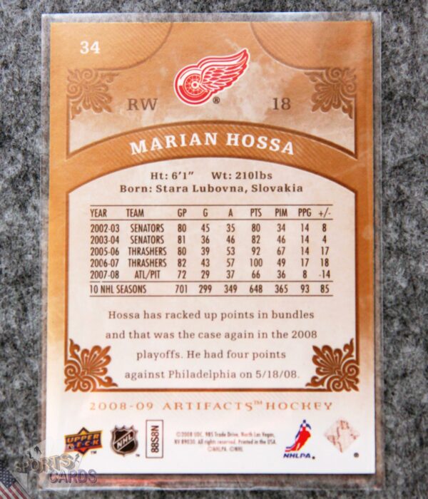 Alternative view of 2008-09 Marian Hossa #34 Upper Deck Artifacts