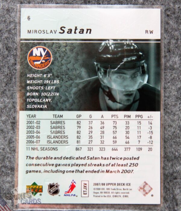 Alternative view of 2007-08 Miroslav Satan #6 Upper Deck Ice