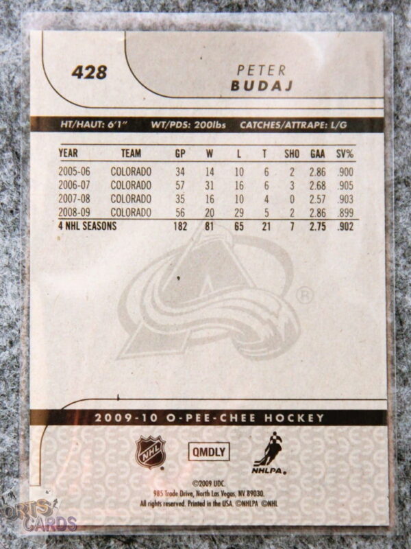 Alternative view of 2009-10 Peter Budaj #428 Upper Deck O-Pee-Chee