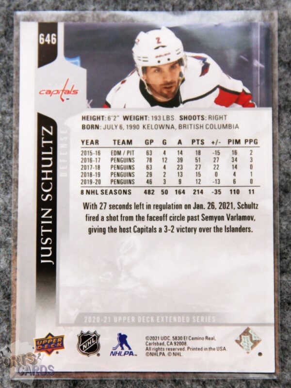 Alternative view of 2020-21 Justin Schultz #646 Upper Deck Extended Series