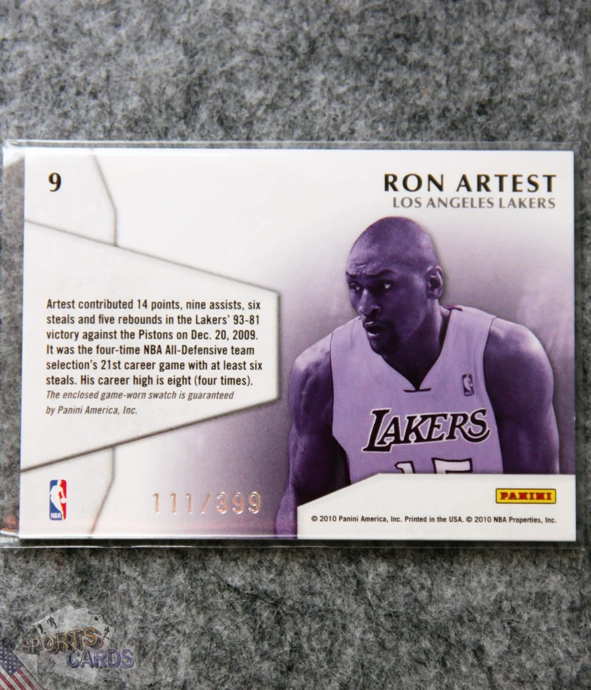2010-11 Ron Artest #9 Panini Century Collection Materials / 399-back