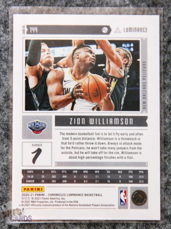 Alternative view of 2020-21 Zion Williamson #144 Panini Chronicles Luminance