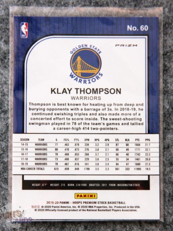Alternative view of 2019-20 Klay Thompson #60 Panini NBA Hoops Premium Stock Green Prizm